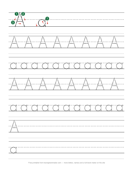 Letter A tracing page with numbered start dots and arrows