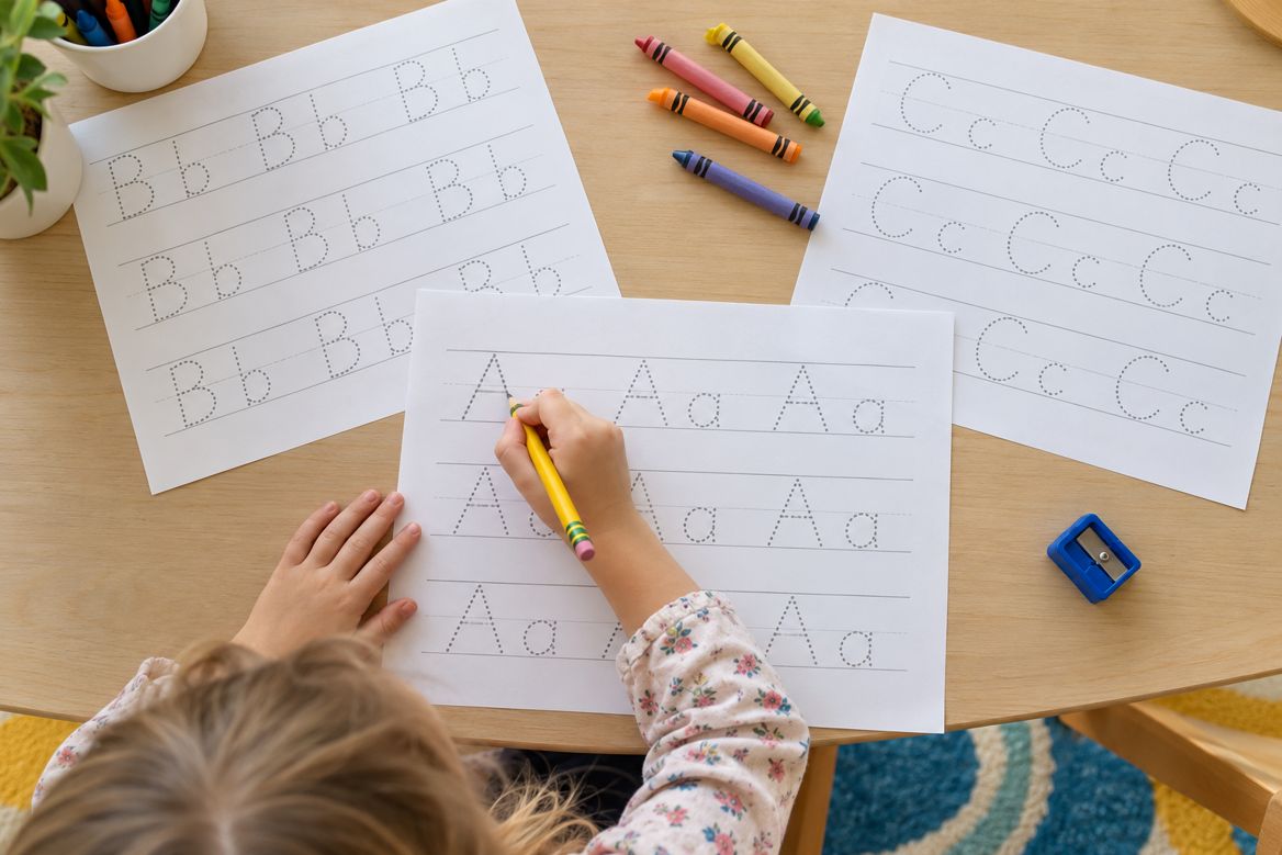 Hojas de trazos impresas sobre una mesa con un niño repasando (imagen ilustrativa)
